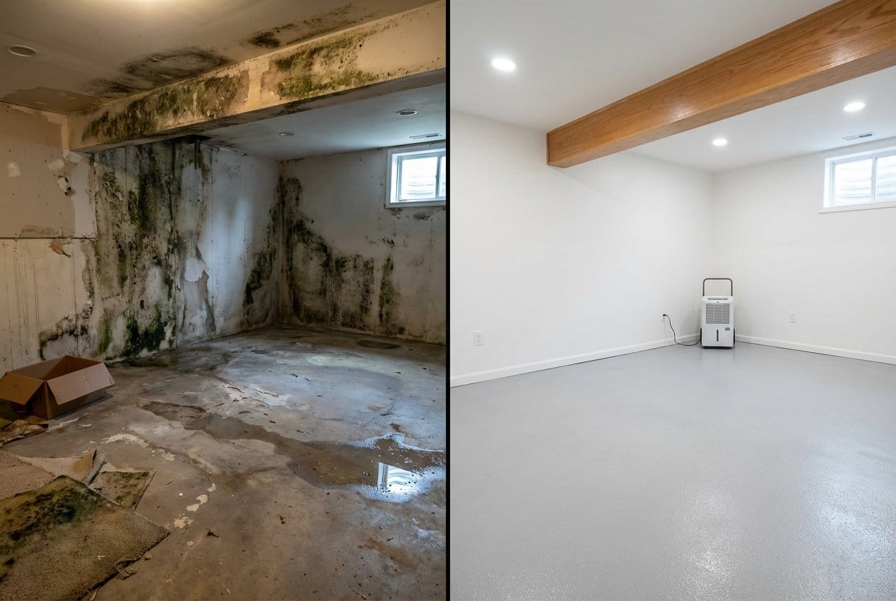 Mold Inspection & Moisture Assessment before and after in residential basement, Wyckoff NJ