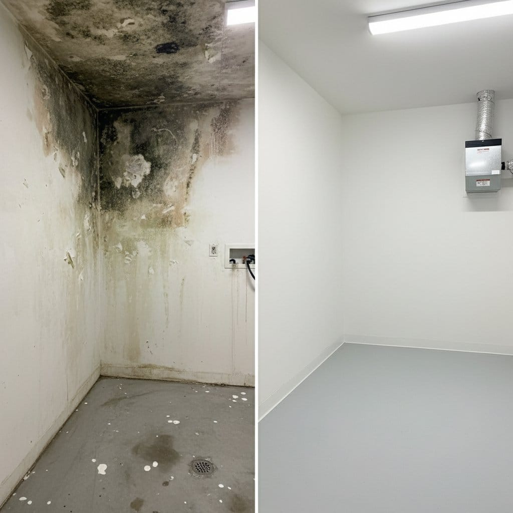 Attic & Crawl Space Mold Removal restoration — utility room of split-level home in Wyckoff, NJ