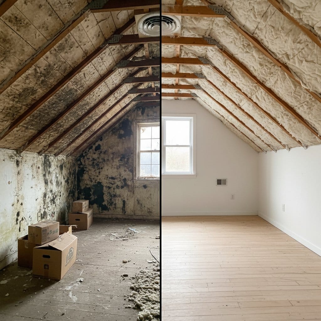Before and after post-remediation cleaning & clearance in Wyckoff single-family home attic space