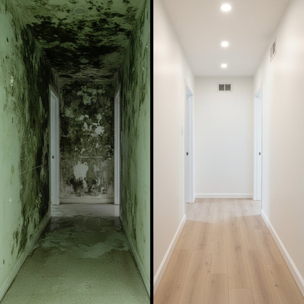 Odor Removal & Disinfection before and after in hallway, Wyckoff NJ