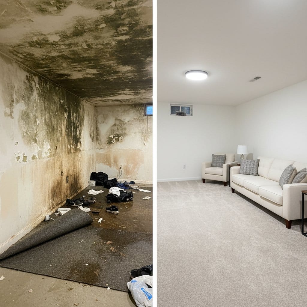 Humidity & Moisture Control Solution before and after in finished basement, Wyckoff NJ