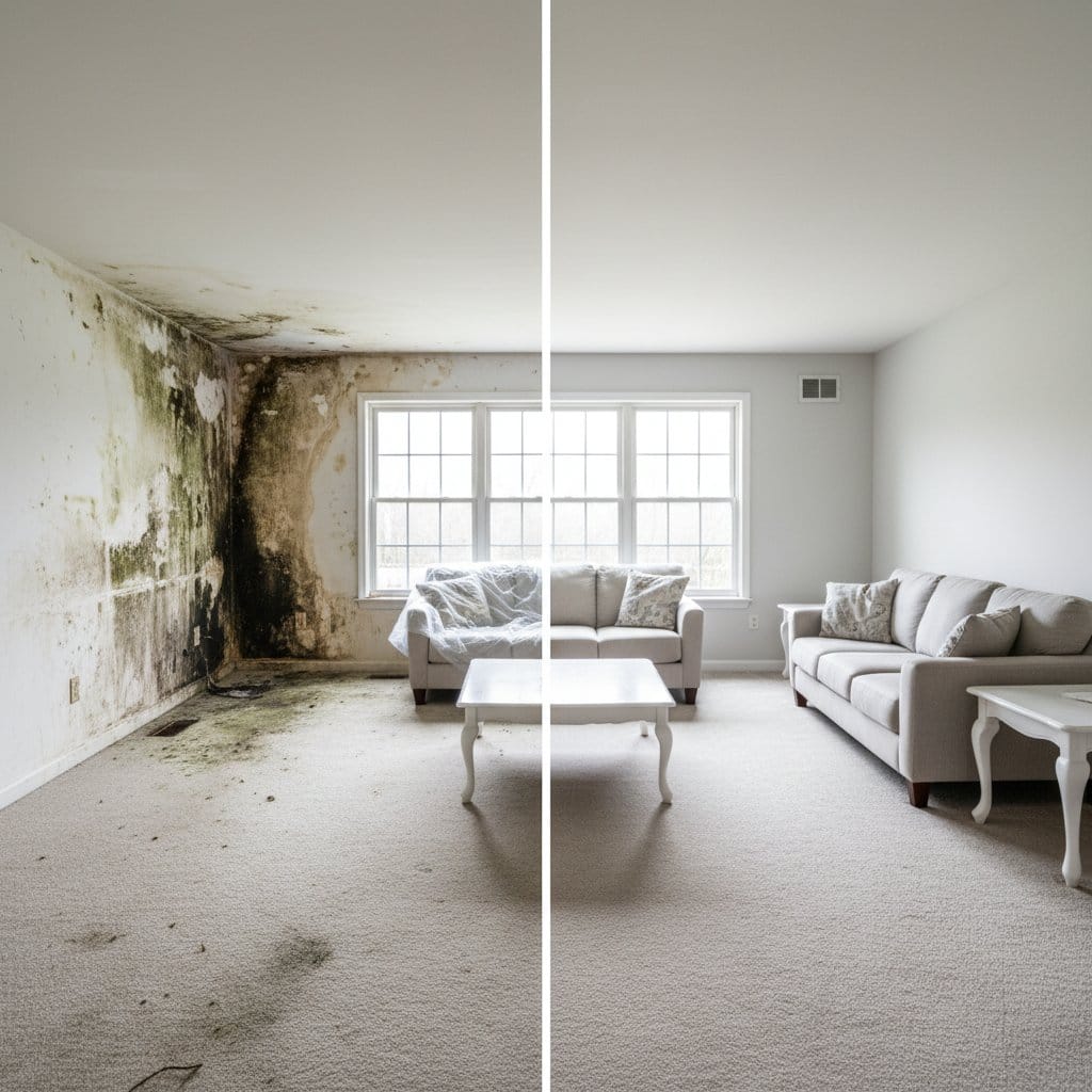 Wyckoff Mold Removal living room restoration before and after in Wyckoff